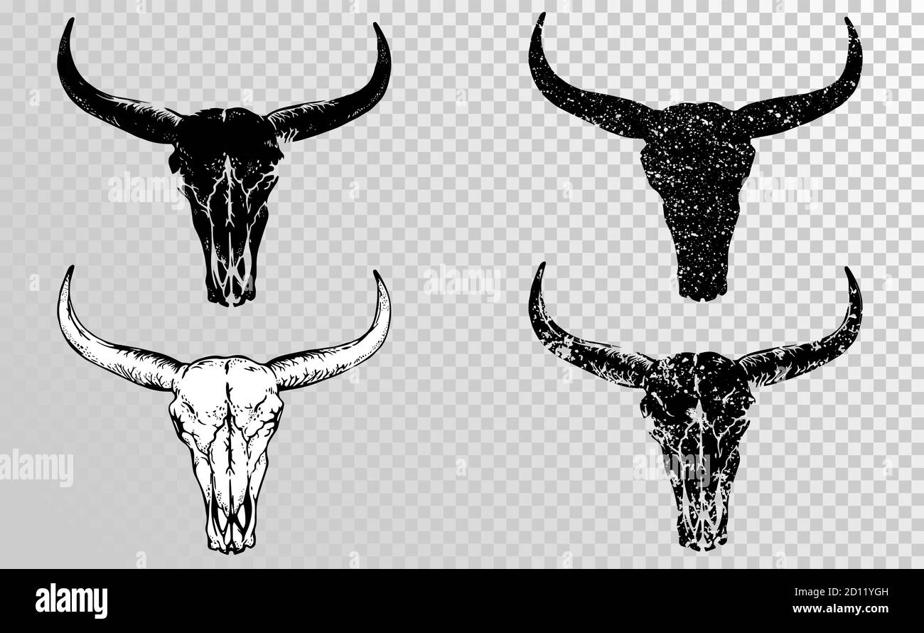 Vector set of black skulls buffalo, bull or cow on a transparent background. Hand drawn graphic. Black silhouettes. Stock Vector