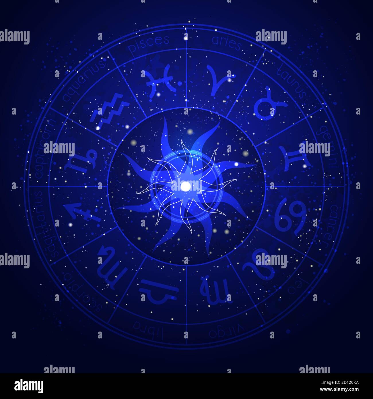Illustration with Horoscope circle and Zodiac symbols on the starry night sky background. Vector illustrations in blue color. Stock Vector