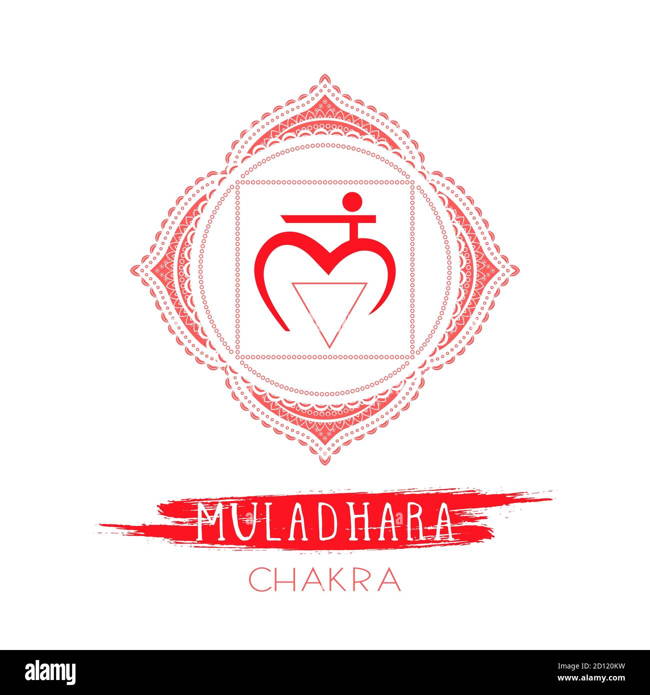 Vector illustration with symbol Muladhara - Root chakra and watercolor element on white background. Circle mandala pattern and hand drawn lettering. C Stock Vector