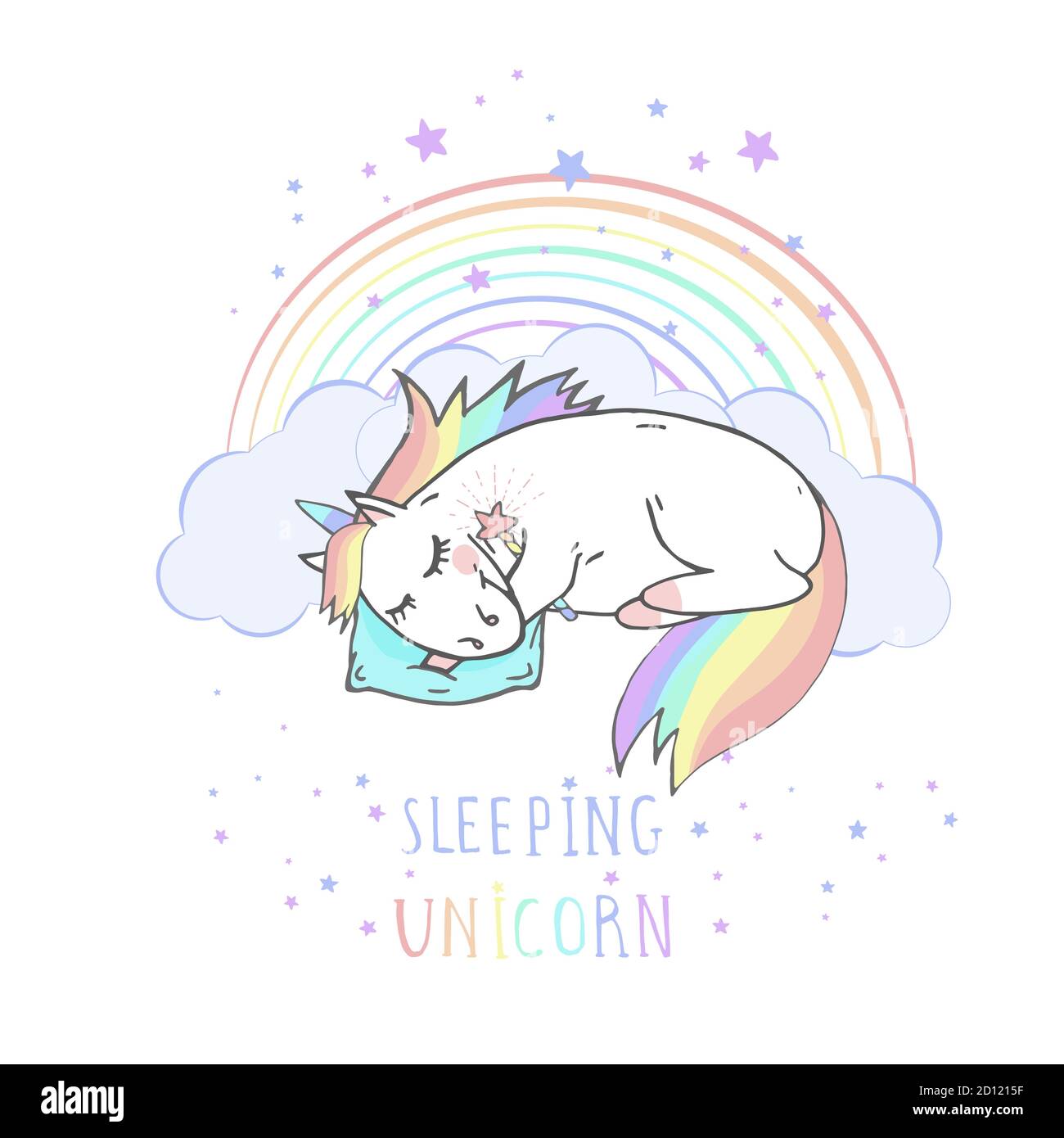 Vector illustration of hand drawn sleeping unicorn with stars and text - SLEEPING UNICORN on withe background. Cartoon style. Colored. Stock Vector