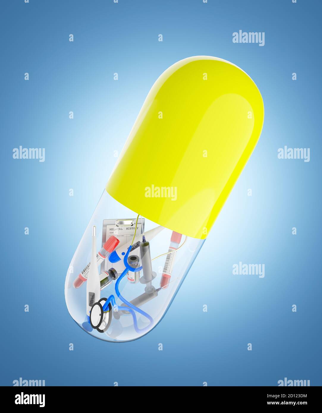 The medical device is packaged in a yellow and clear antibiotic capsule. The concept of maintaining good health by taking prescription drugs. 3D rende Stock Photo