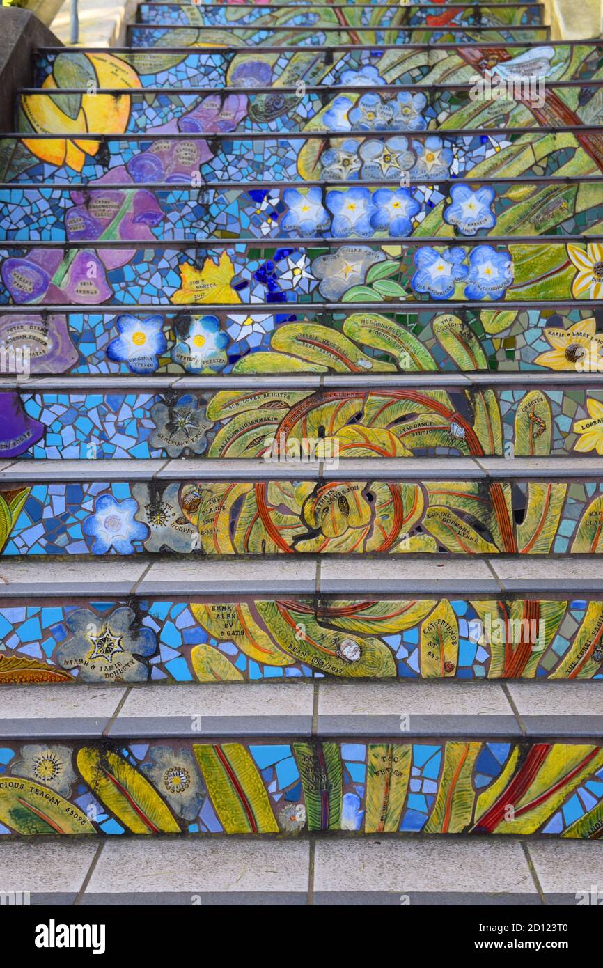 Colorful tile murals cladding the Hidden Garden Steps near San Francisco, California. Stock Photo