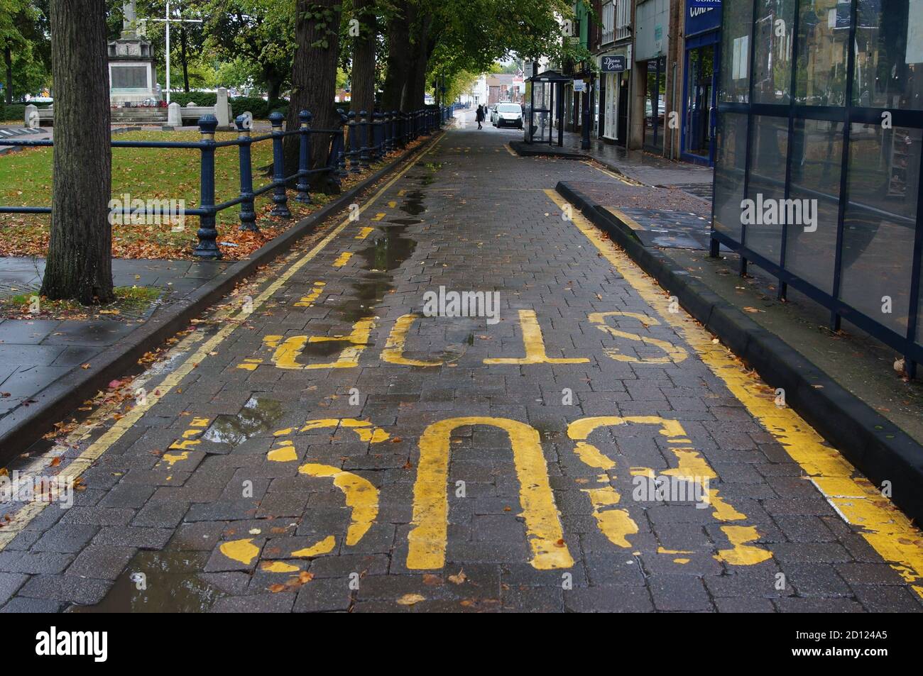 looking down the road with bus stop and cycle lane markings near the