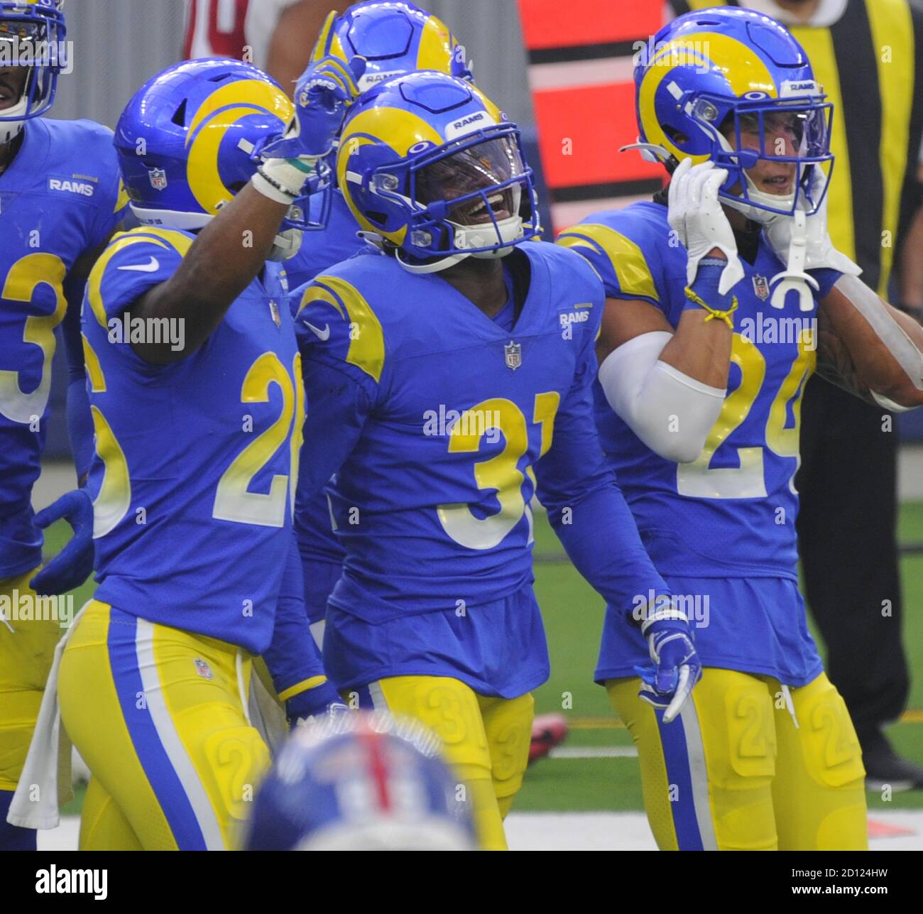 Inglewood, United States. 04th Oct, 2020. Los Angeles Rams Darius Williams celebrates his interception against the New York Giants in the second half at SoFi Stadium in Inglewood, California on Sunday, October 4, 2020. The Rams won 17 to 9. Photo by Lori Shepler/UPI Credit: UPI/Alamy Live News Stock Photo