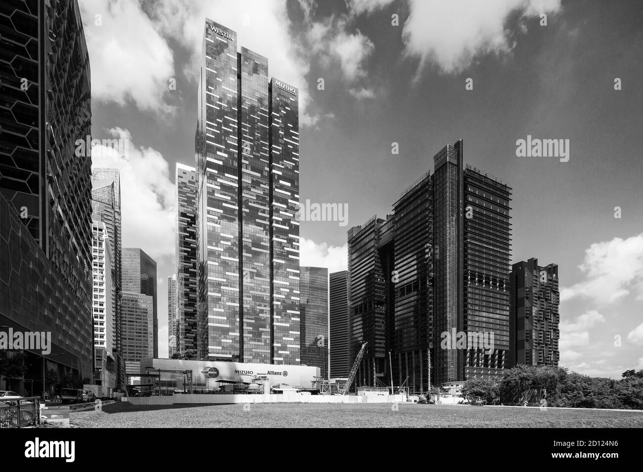 Black and white view of Asia Square comprises an integrated mixed use development of office, hotel and retail uses, Singapore Stock Photo