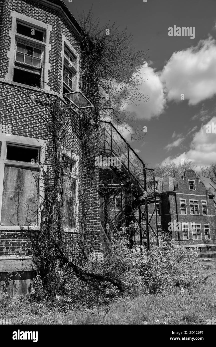 The Haunted Pennhurst School- which is also known as Pennhurst Asylum, because of its deplorable, understaffed, & overcrowded conditions Stock Photo