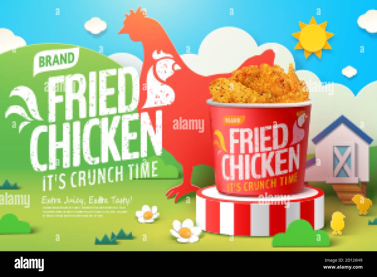 Delicious Fried Chicken In 3d Illustration With Farm Theme Background In Paper Cut Design Stock Vector Image Art Alamy