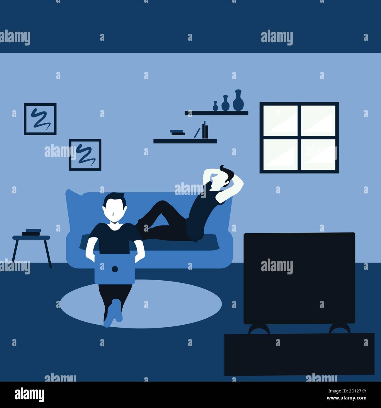 two man surfing internet with his laptop and watching television - two tone flat cartoons illustrations Stock Vector