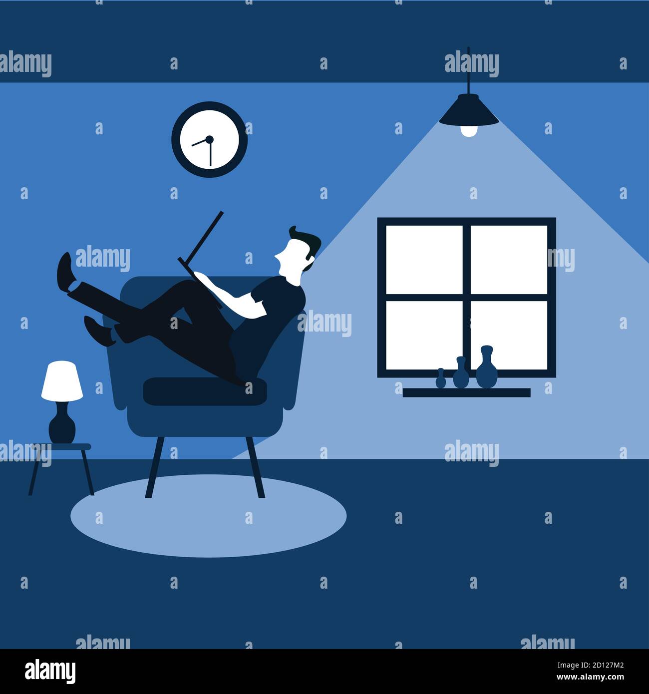 two flat cartoons illustrations - a man enjoying sit on his favorite sofa with his laptop Stock Vector