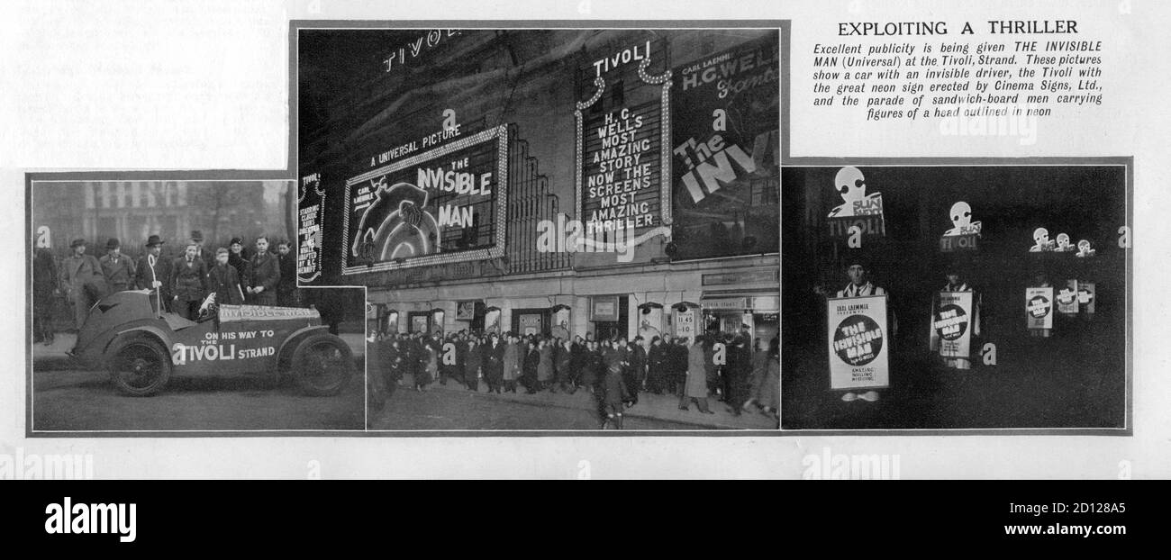 Cinema Front of Tivoli Theatre on the Strand in London and Publicity Stunts for CLAUDE RAINS as THE INVISIBLE MAN 1933 director JAMES WHALE novel H. G. WELLS screenplay R.C. Sherriff Universal Pictures Stock Photo