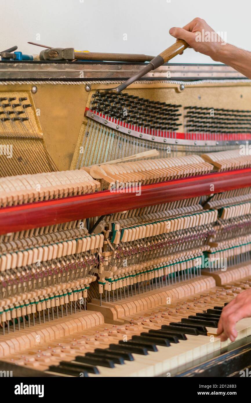 Piano tuning process. closeup of hand and tools of tuner working on grand  piano. Detailed view of Upright Piano during a tuning. vertical photo.  toned Stock Photo - Alamy