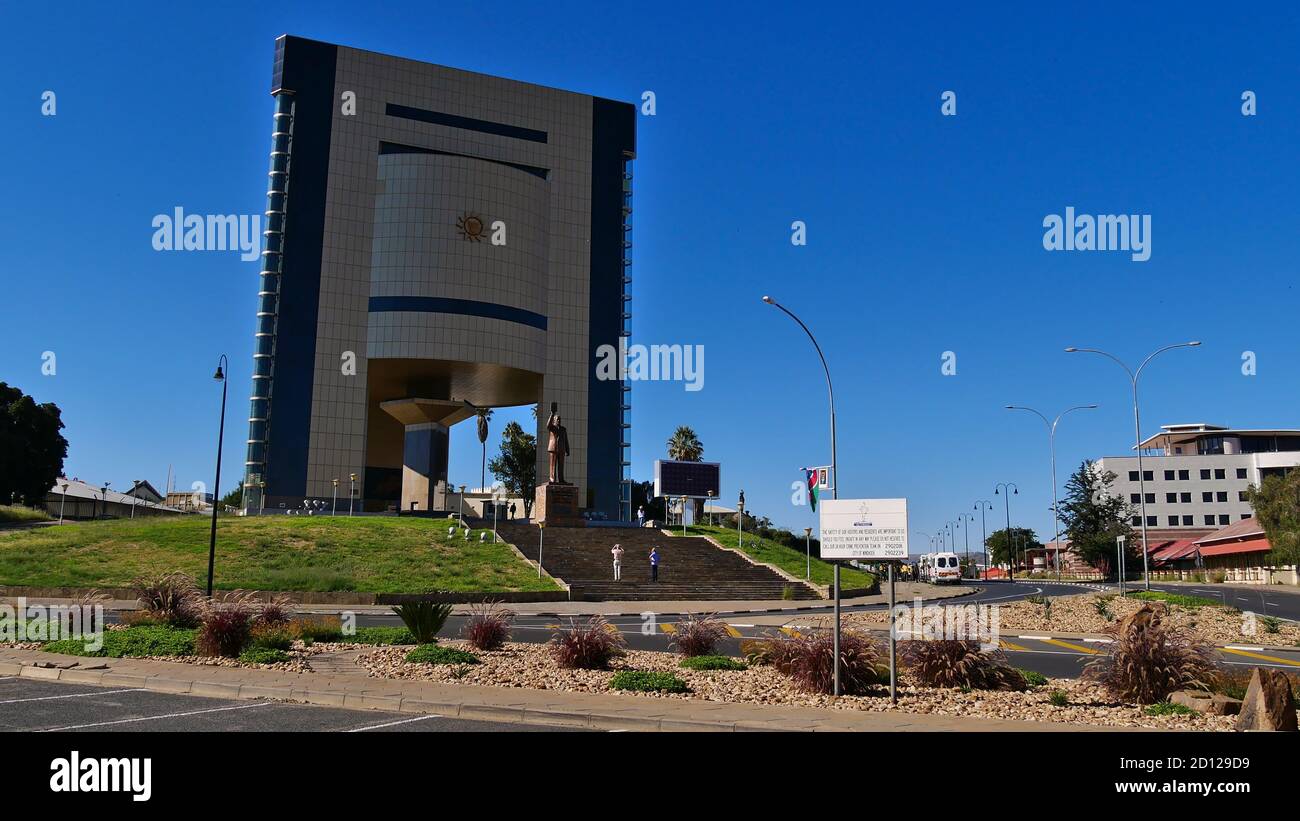 Windhoek, Namibia - 05/05/2018: Front view of the Independence Memorial Museum (opened in 2014) with the Sam-Nujoma-Monument in front. Stock Photo