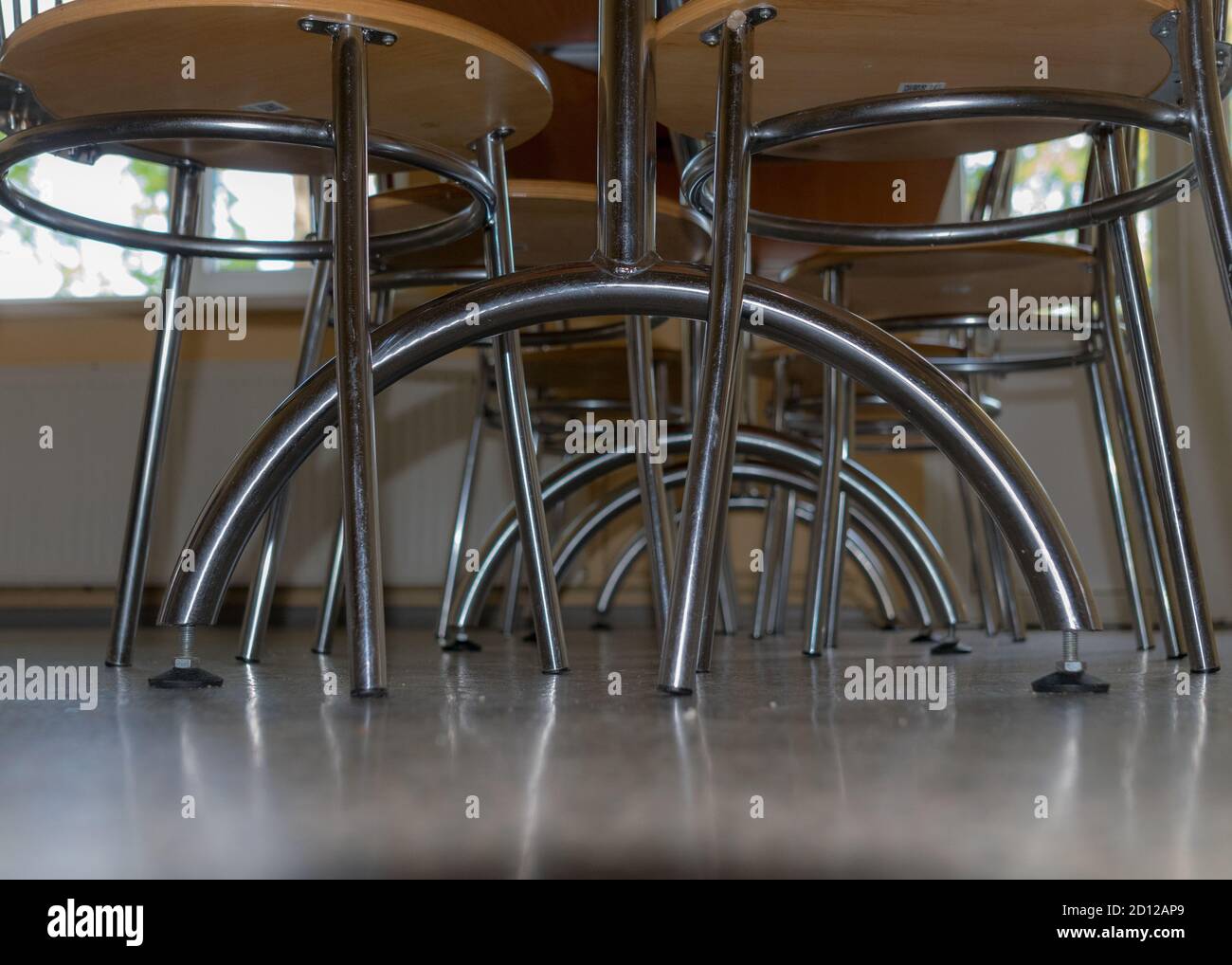 school kitchen canteen, metal table and chair legs, canteen equipment, catering establishment