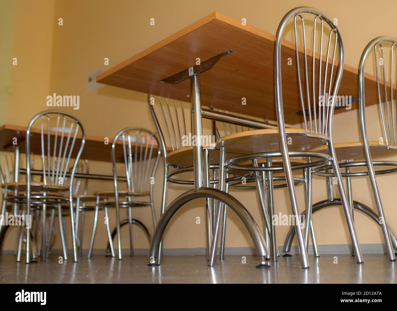 school kitchen canteen, metal table and chair legs, canteen equipment, catering establishment