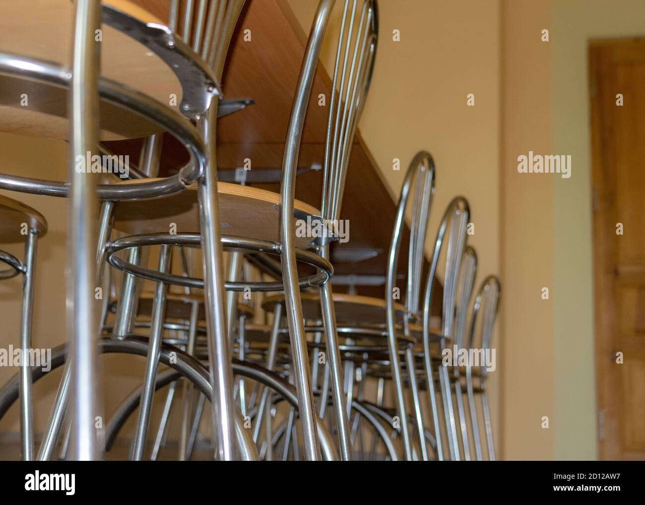 school kitchen canteen, metal table and chair legs, canteen equipment, catering establishment