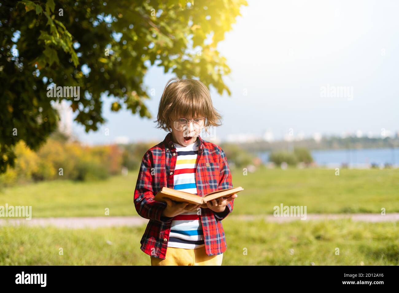 Surprised boy in glasses play with magic book in autumn park on Halloween. Kids trick or treat. Fun in fall. Dressed up child Stock Photo