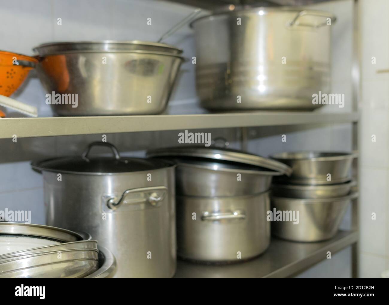 school kitchen canteen, metal pots and bowls, canteen equipment