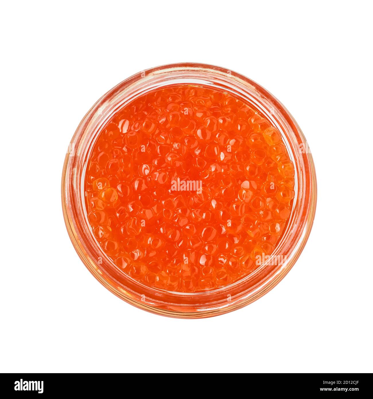 Red trout caviar in a glass jar isolated on white background with ...