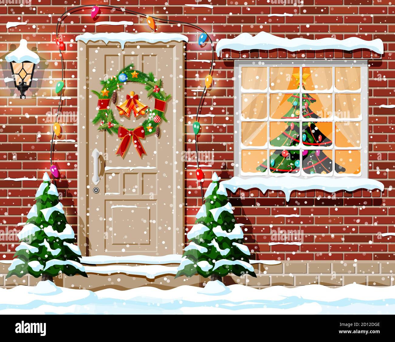 Christmas facade decoration. Entrance to suburban house decorated with