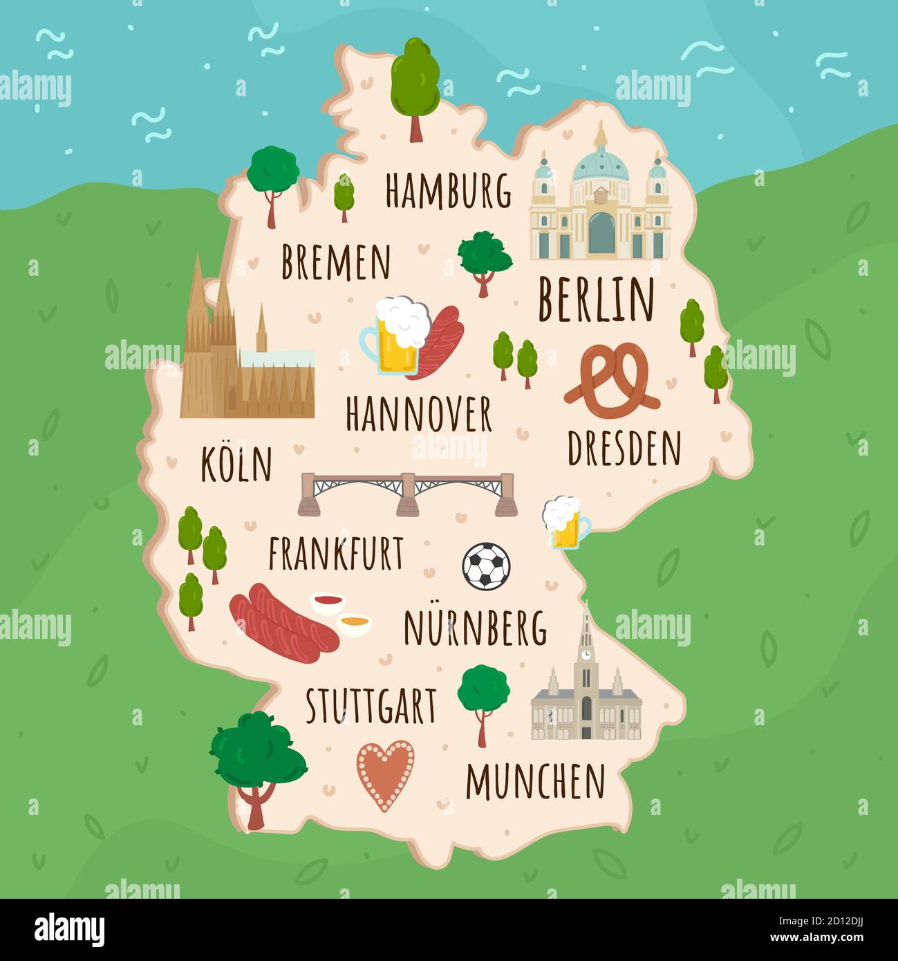 Cartoon map of Germany. Travel illustration with german landmarks, buildings, food and plants. Funny tourist infographics. National symbols. Famous Stock Vector