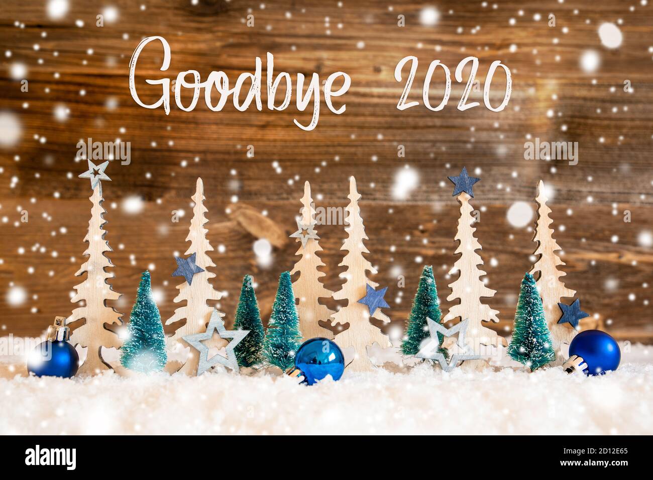 Christmas Tree Snow Blue Star Goodbye 2020 Wooden Background Snowflakes Stock Photo Alamy