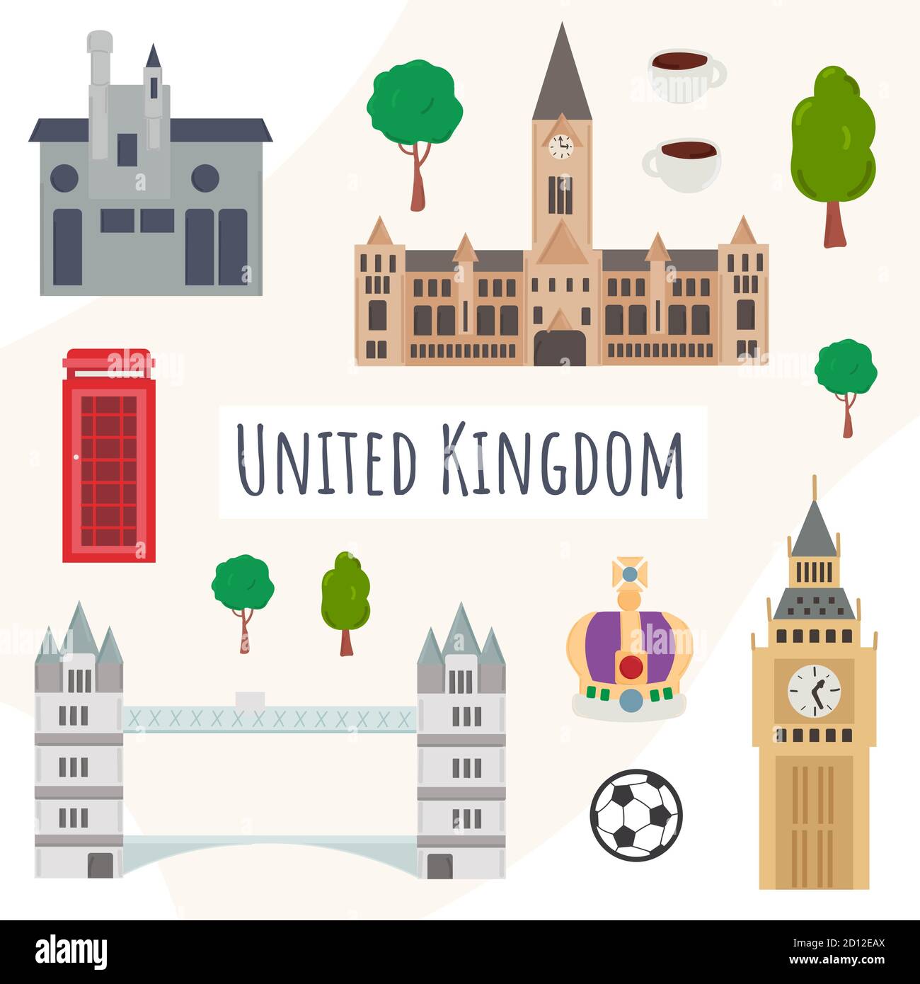 set of symbols of United Kingdom. Travel illustration with british landmarks, buildings, plants. Funny tourist infographics. National symbols. Famous Stock Vector