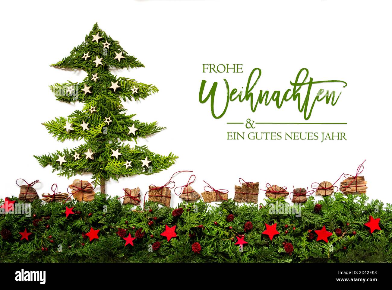 Christmas Tree, Silver And Red Stars, Branch, Gutes Neues Means Happy New Year Stock Photo