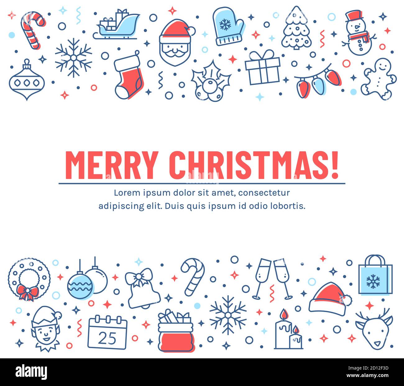 Merry Christmas greeting card. Banner with colored outline icons. Vector background with holiday line symbols and copy space for your text. Stock Vector