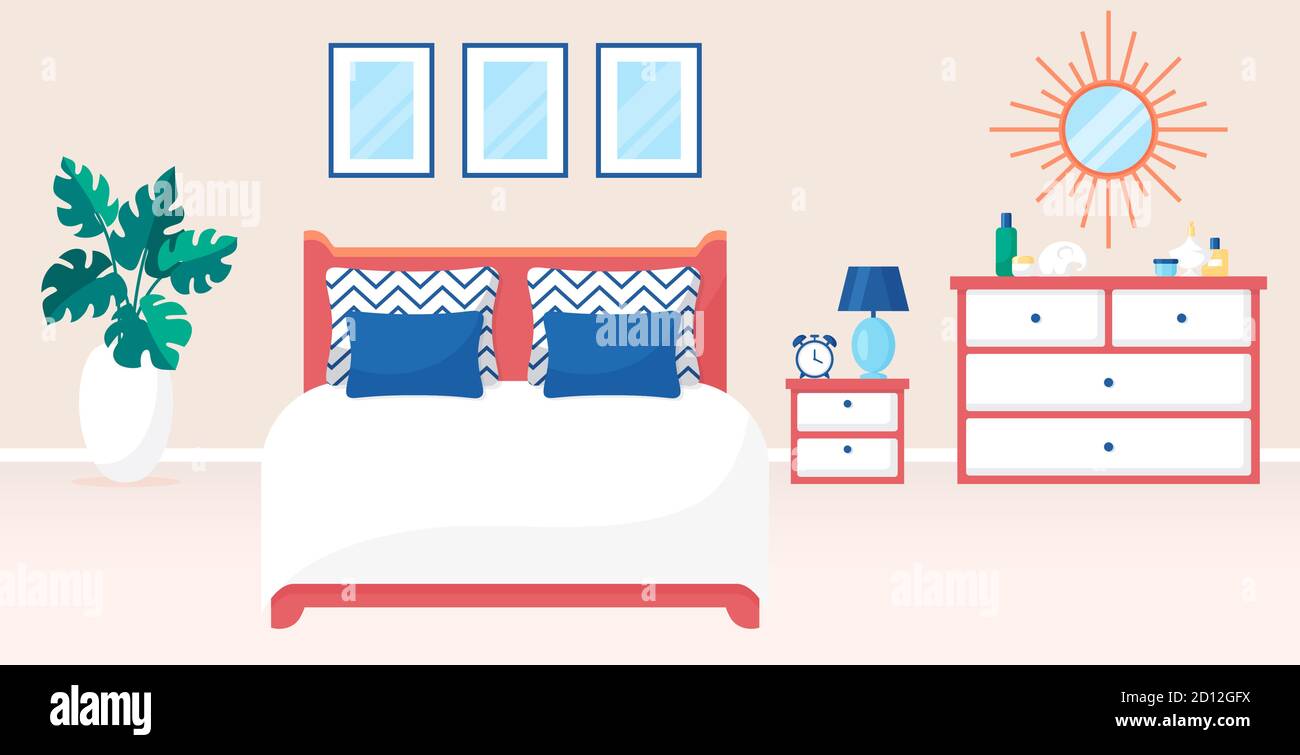 Bedroom interior. Vector illustration. Design of a trendy room with double bed, bedside table, dresser and decor accessories. Home furnishings. Horizo Stock Vector