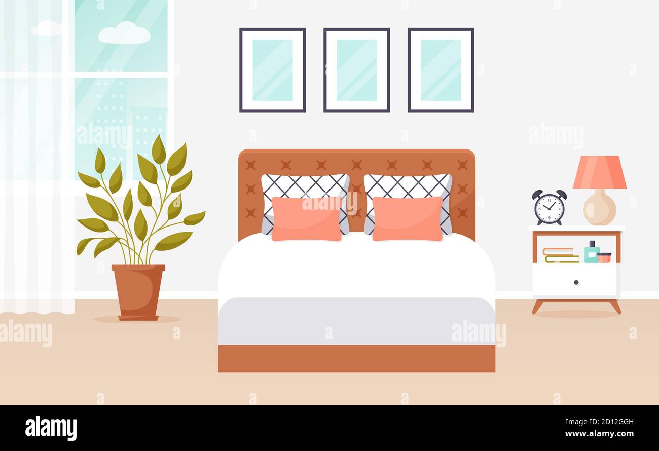 Bedroom interior. Vector banner. Modern cozy room design with double bed, bedside table, window, and decor accessories. Home furnishings. Flat backgro Stock Vector