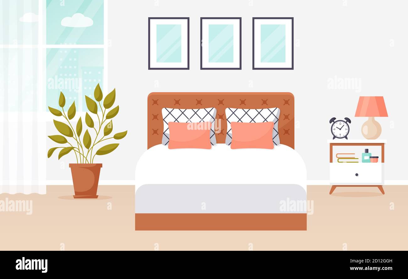 Bedroom interior. Vector banner. Modern cozy room design with double ...