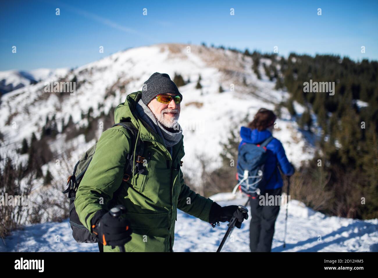 Senior couple with nordic walking poles hiking in snow-covered winter nature. Stock Photo