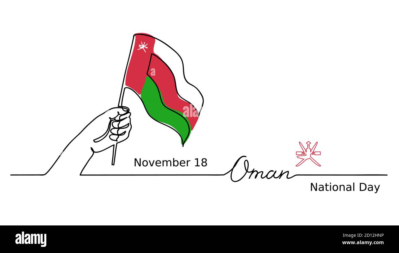 Oman National Day illustration with hand, flag, lettering. One continuous line drawing concept Stock Vector