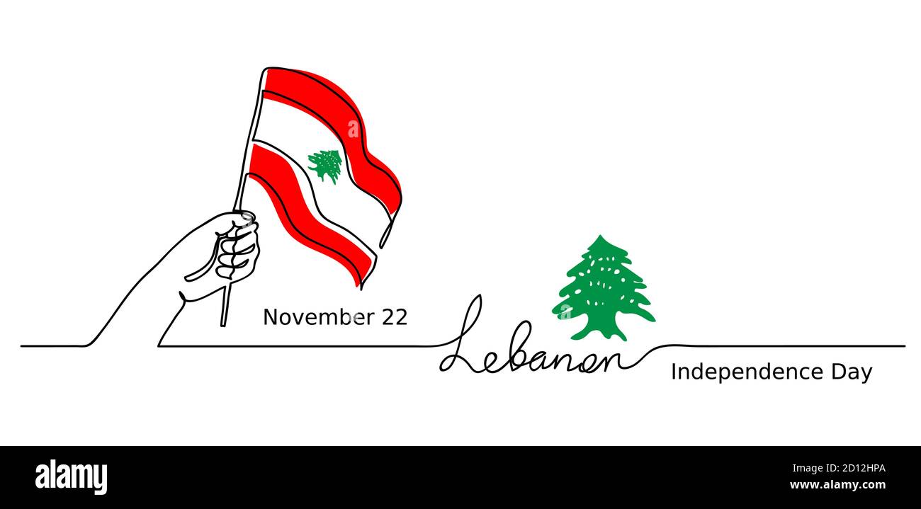 Lebanon, Lebanese Independence Day vector background. One line drawing concept with hand, flag, cedar tree Stock Vector