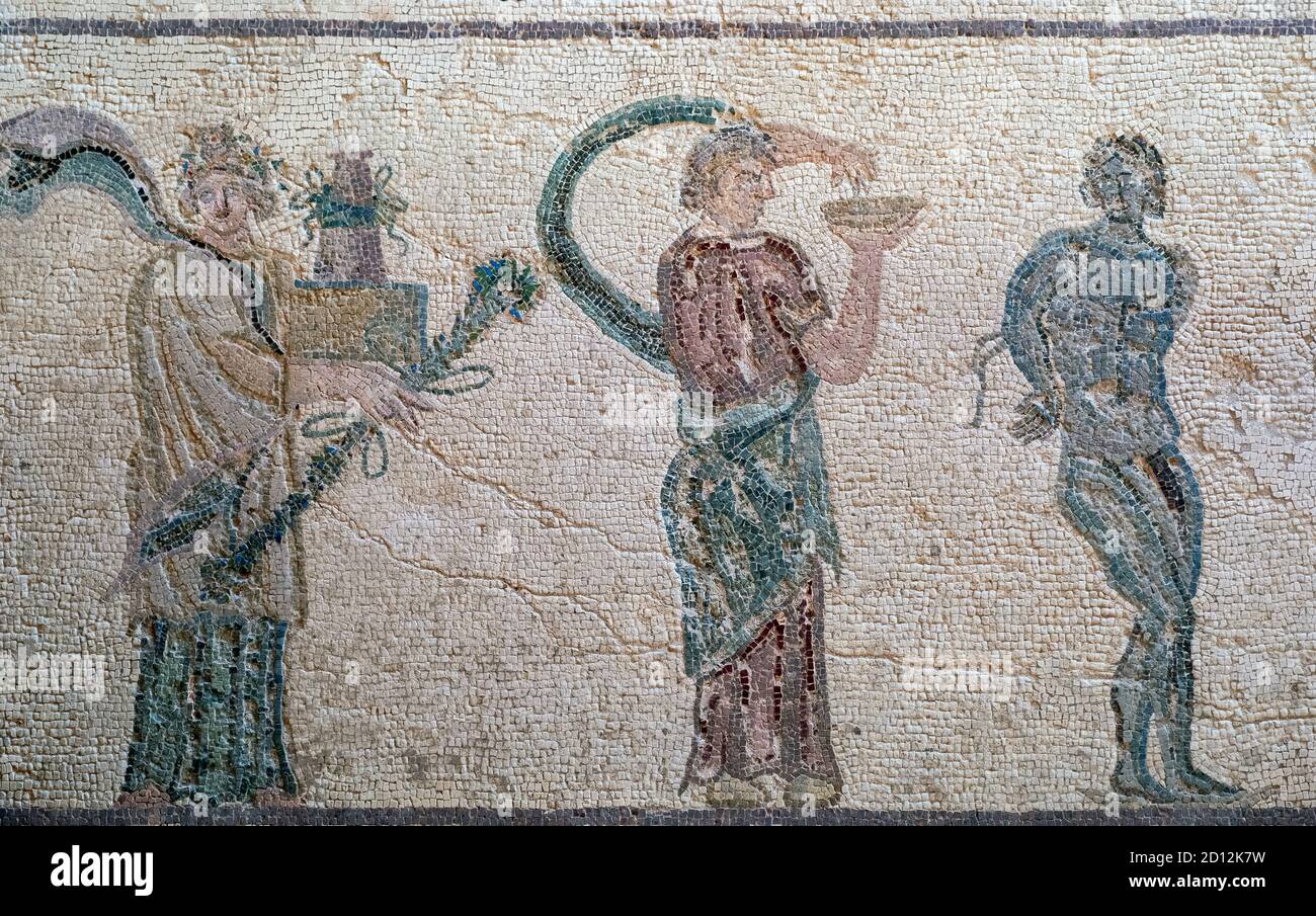 The House of Dionysus mosaics, Paphos Archaelogical park, Cyprus: The Triumph of Dionysus, 'Vintage Scenes' Mosaics. Stock Photo