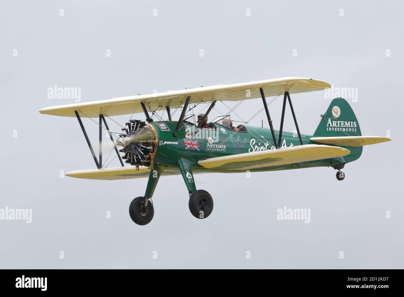 The Boeing Stearman 'Spirit of Artemis' flying at the Farnborough International Airshow 2016, Hampshire, UK Stock Photo