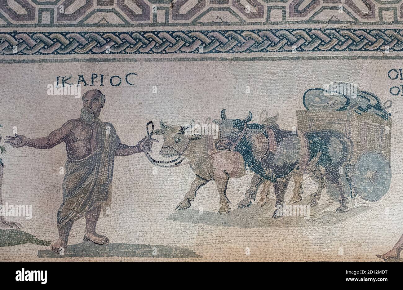 House of Dionysos: Icarios depicted holding the reins of an ox-driven double wheeled cart, filled with sacks of wine. Stock Photo