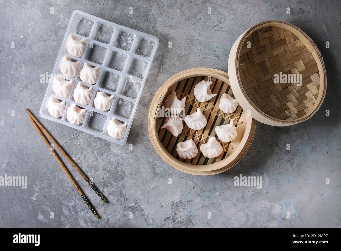 Frozen ready to cook asian potstickers dumplings stuffed by shrimps in