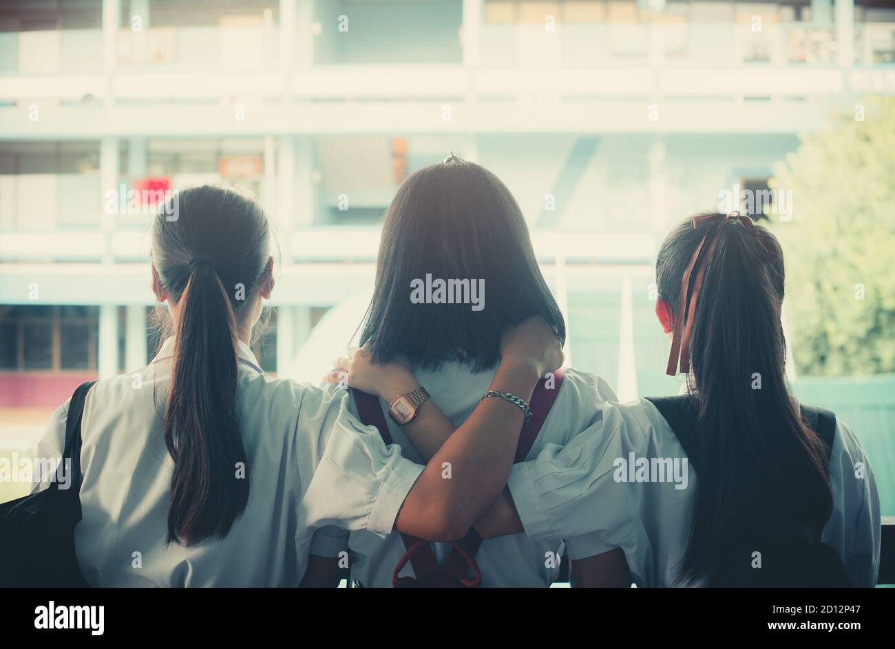 Concept of best friends,Group of students girl stand hugging and ...
