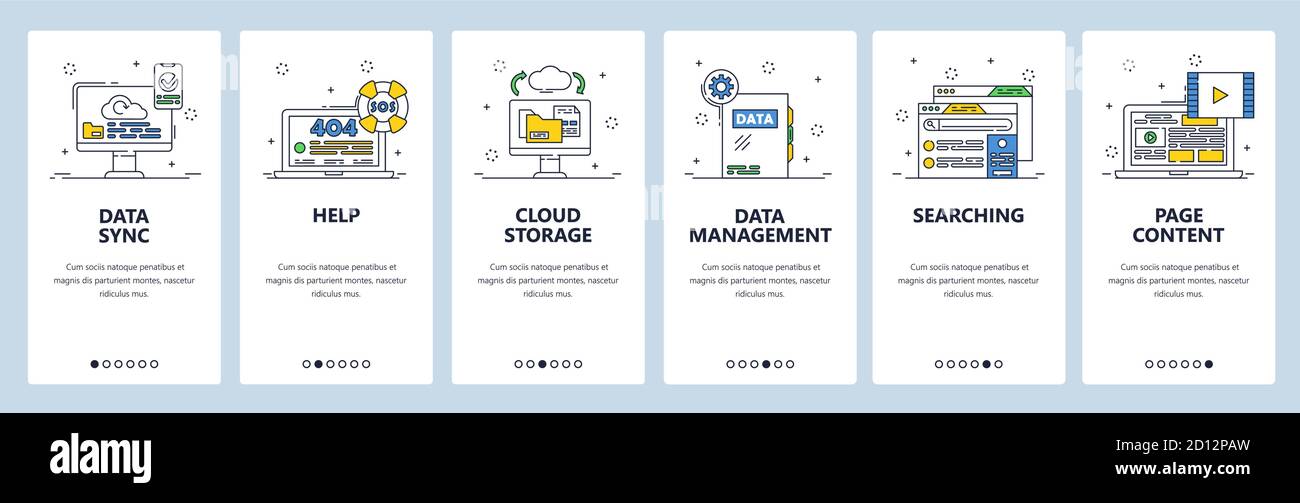 Data sync, cloud storage, page content, 404 error. Data management. Mobile app screens, vector website banner template. Stock Vector