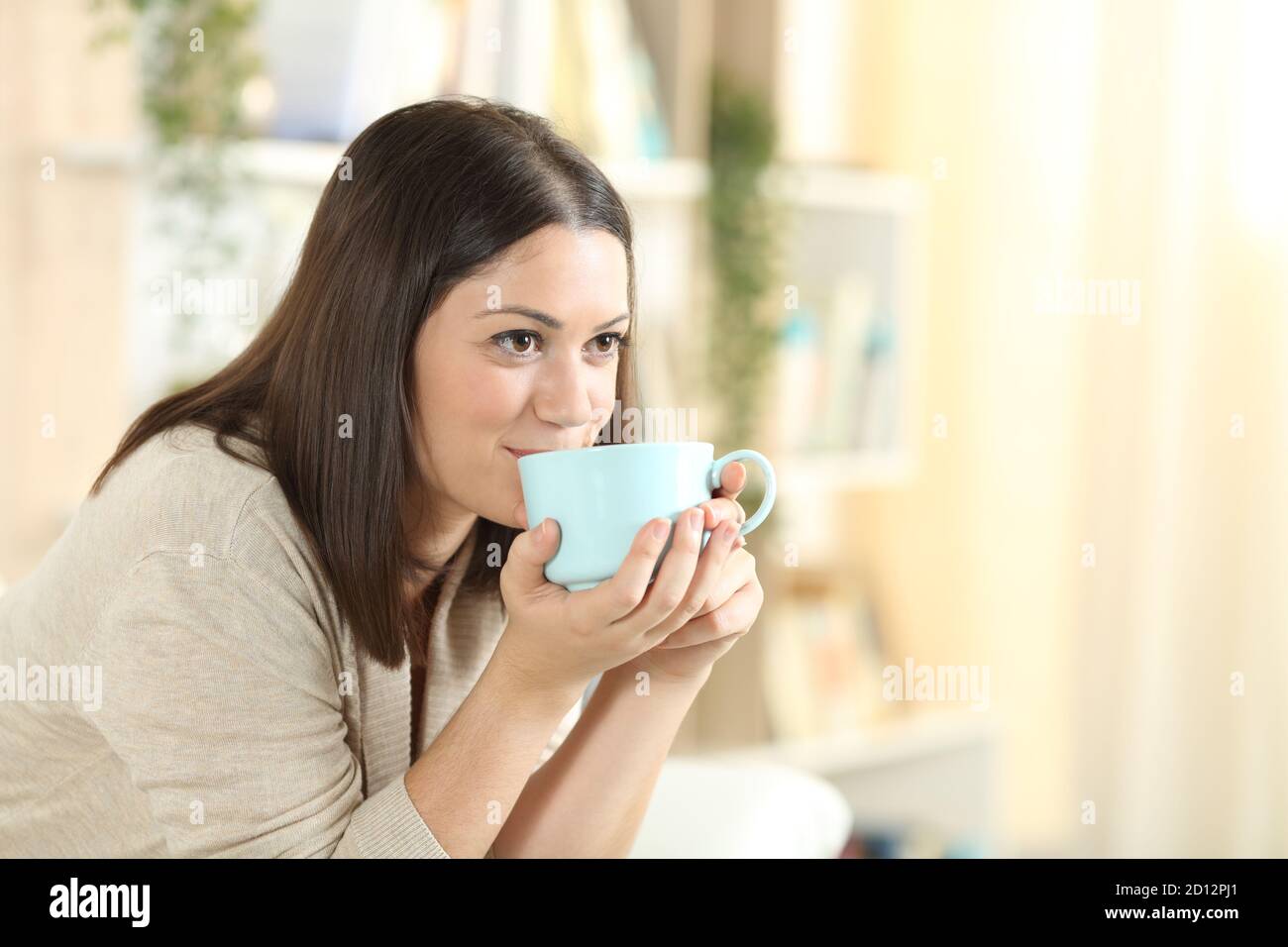 Happy woman drinking coffee sitting on a sofa looking away in the living room at home Stock Photo