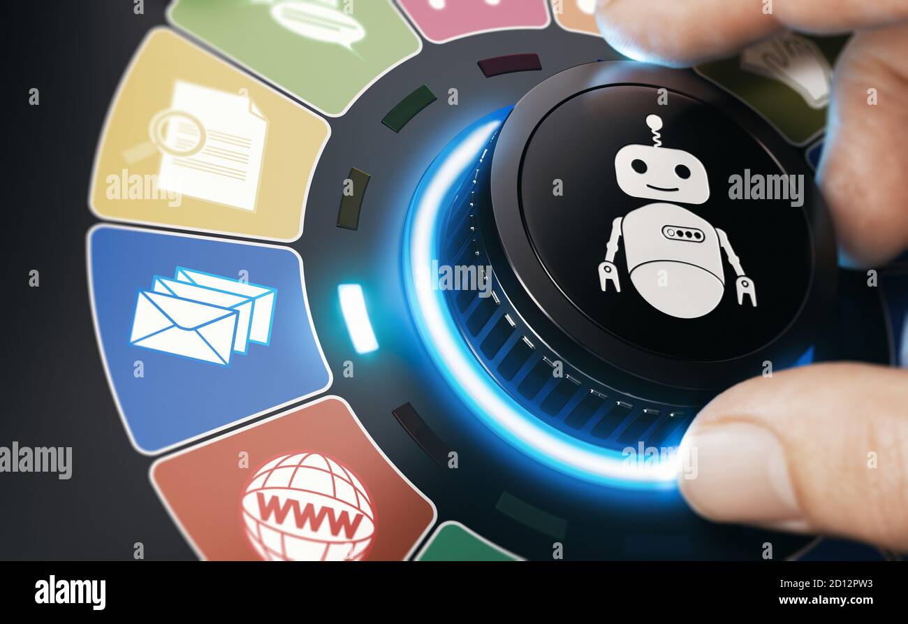 Hand turning a conceptual knob with a robot pictogram to automate email task. Composite image between a hand photography and a 3D background. Stock Photo
