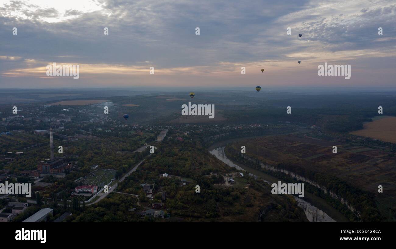 Ukraine October 3, 2020, Kamyanets Podolsk Balloon Festival, morning launch. Cloudiness Stock Photo
