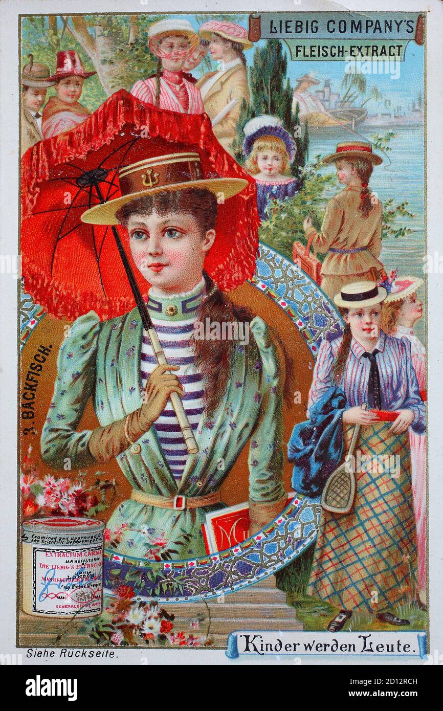 Pictures For Kids are people, young people, girls, teenager  /  Bilderserie Kinder werden Leute, Jugendliche, Mädchen, Backfisch, digital improved reproduction of a collectible image from the Liebig company, estimated from 1900, pd  /  digital verbesserte Reproduktion eines Sammelbildes von ca 1900, gemeinfrei Stock Photo