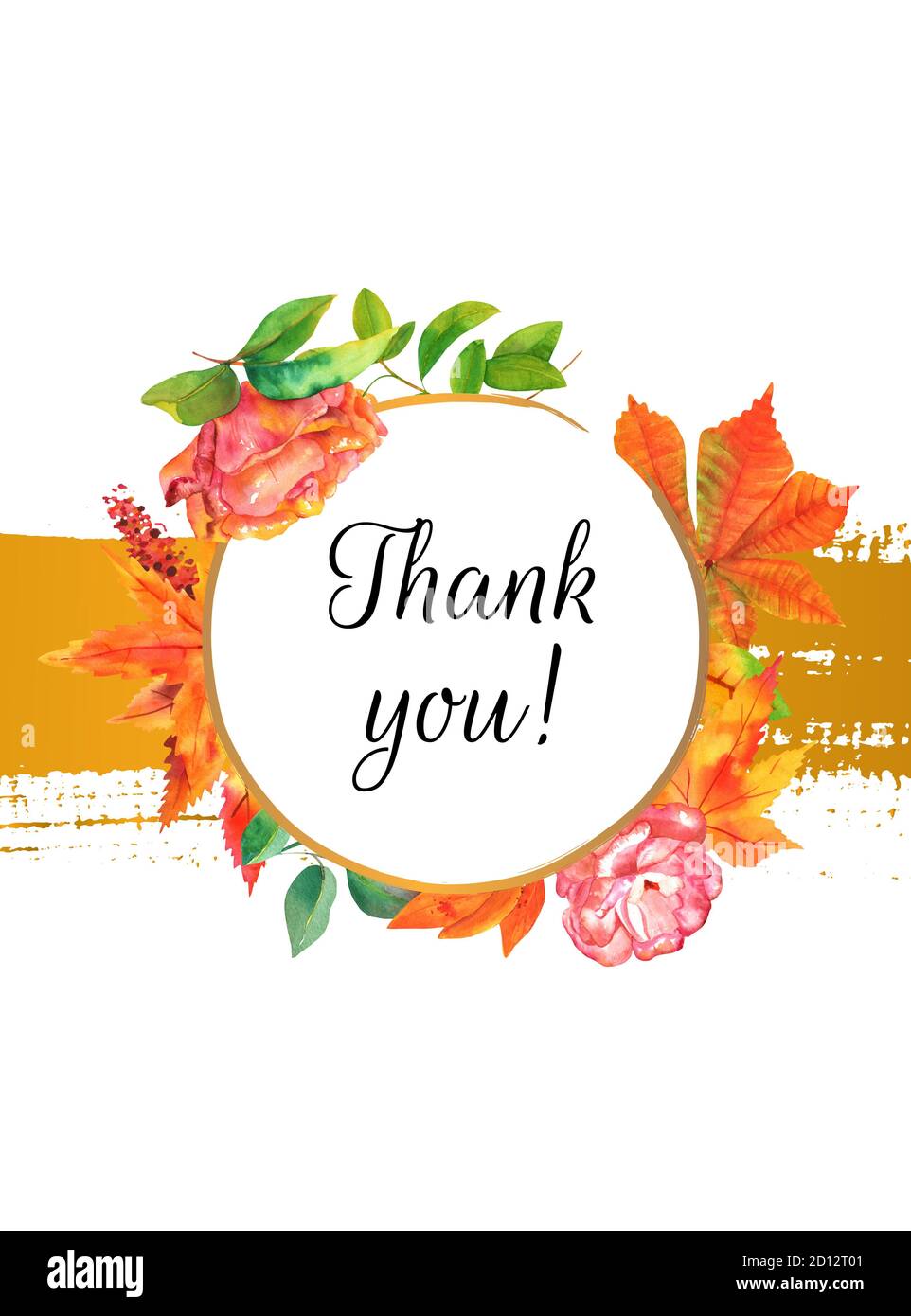 Thank You card with a golden brushstroke and watercolor autumn leaves ...