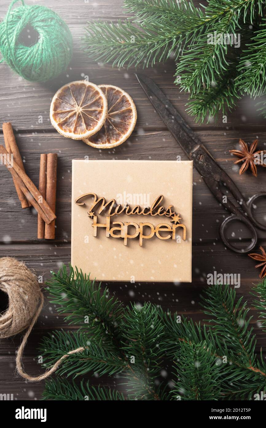 Christmas Gift Box With Wooden Lettering Miracles Happen Gifts Wrapping Ideas Natural Design Stock Photo Alamy