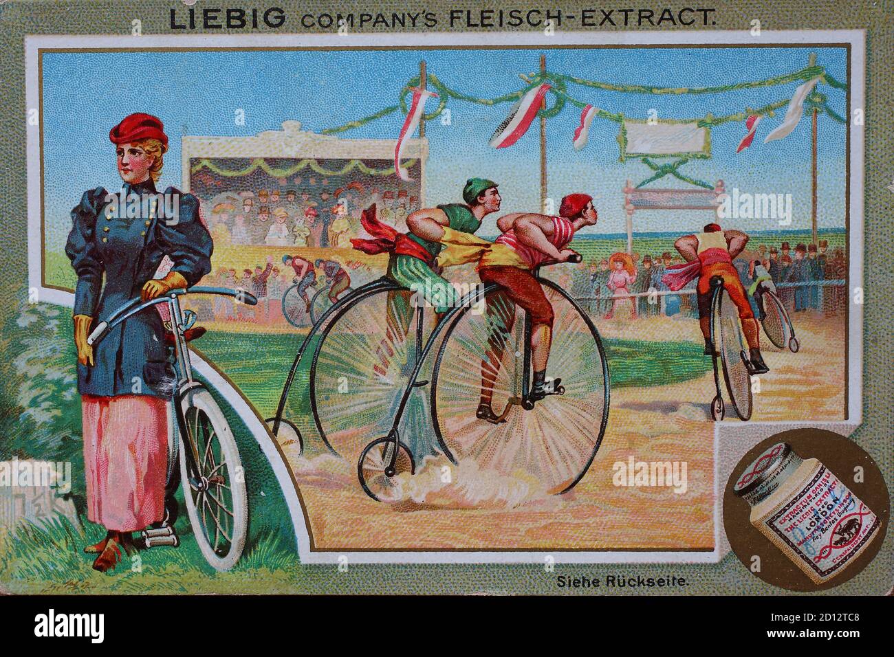 Pictures production sports, cycling, penny farthing, high cycling race, competition  /  Bilderserie Sport, Radfahren, Hochrad, Hochradrennen, Wettbewerb, digital improved reproduction of a collectible image from the Liebig company, estimated from 1900, pd  /  digital verbesserte Reproduktion eines Sammelbildes von ca 1900, gemeinfrei Stock Photo
