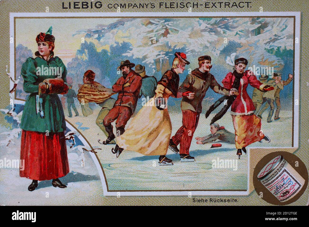 Photos Series sports, people ice skating, ice skating  /  Bilderserie Sport, Leute beim Eislaufen, Schlittschuhlaufen, digital improved reproduction of a collectible image from the Liebig company, estimated from 1900, pd  /  digital verbesserte Reproduktion eines Sammelbildes von ca 1900, gemeinfrei Stock Photo