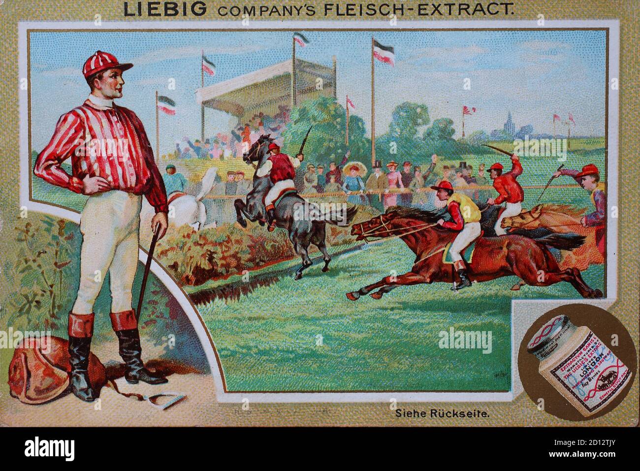 Pictures production sports, horseback riding, Military, trail riding, competition  /  Bilderserie Sport, Reiten, Geländereiten, Wettbewerb, digital improved reproduction of a collectible image from the Liebig company, estimated from 1900, pd  /  digital verbesserte Reproduktion eines Sammelbildes von ca 1900, gemeinfrei Stock Photo