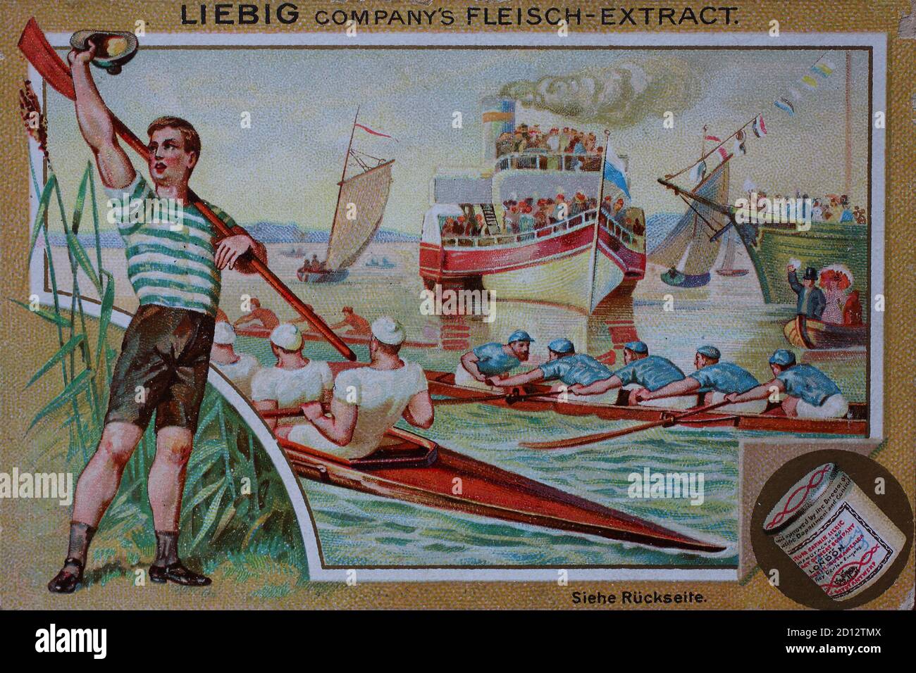Photos Series Sport, rowing, rowing boat  /  Bilderserie Sport, Rudern, Ruderboot, digital improved reproduction of a collectible image from the Liebig company, estimated from 1900, pd  /  digital verbesserte Reproduktion eines Sammelbildes von ca 1900, gemeinfrei Stock Photo